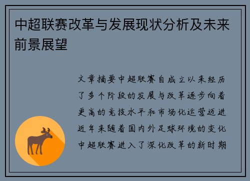 中超联赛改革与发展现状分析及未来前景展望