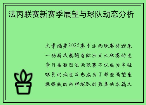 法丙联赛新赛季展望与球队动态分析