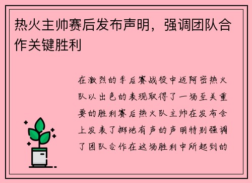 热火主帅赛后发布声明，强调团队合作关键胜利